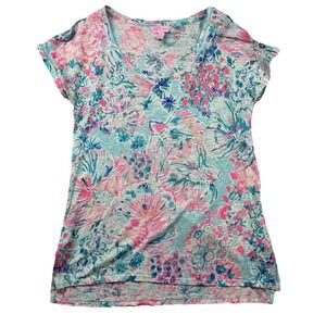 Lilly Pulitzer Top Womens XS All Over Print Linen Floral T-Shirt Tropical Cuffs